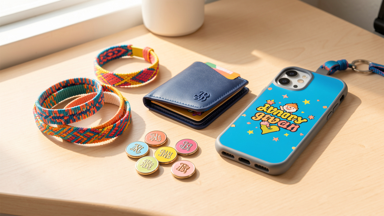 Collection colorée d’accessoires personnalisables pour adolescent, disposés sur un bureau lumineux.
