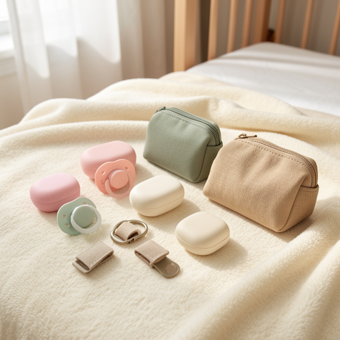 Sélection d’accessoires pour totote de bébé disposés sur une couverture crème : sucettes en silicone, étuis protecteurs, attaches en tissu et petite pochette dans des tons pastel.