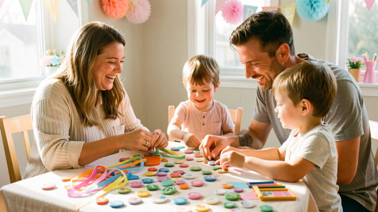 Une famille composée d’une femme, d’un homme et de deux enfants fabrique des badges colorés autour d’une table décorée pour un anniversaire.