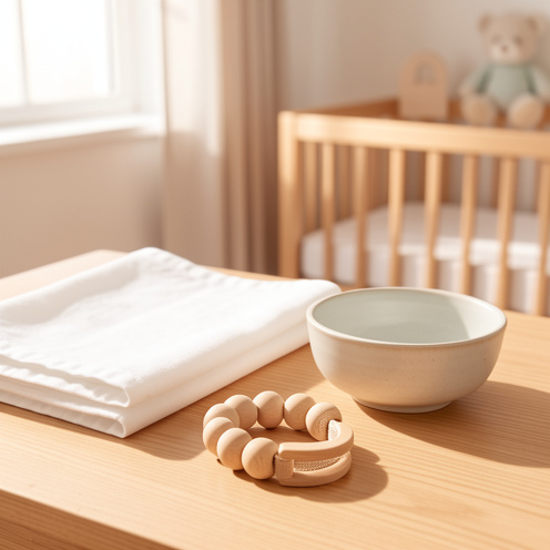 Attache-tétine en bois aux perles arrondies, présenté avec un chiffon en coton propre dans un décor de nursery lumineux.