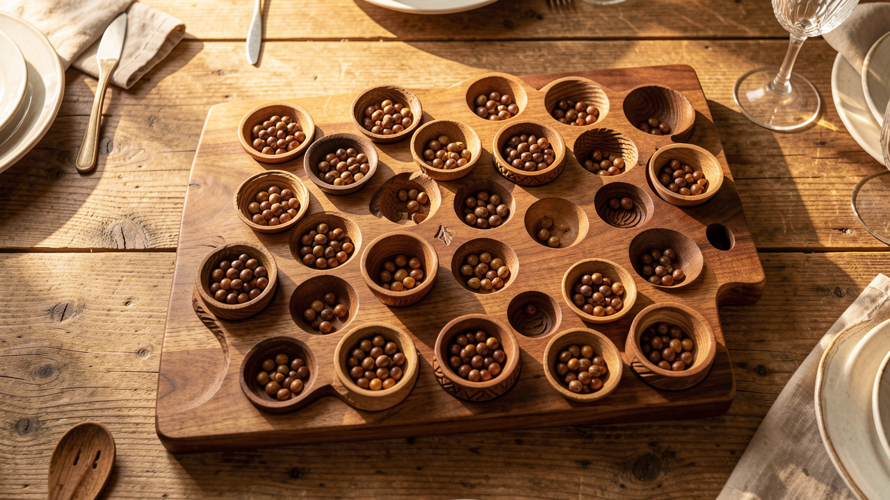 Jeu d’Awalé en bois avec des graines disposées dans ses compartiments, posé sur une table chaleureuse.