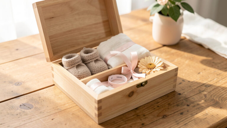 Boîte à souvenirs en bois ouverte contenant de petits objets délicats associés aux premières années d’un bébé, dans une ambiance douce et lumineuse.