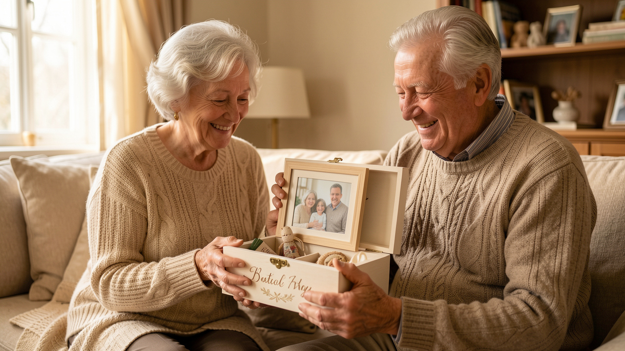 Un couple de grands-parents ému découvre un coffret souvenir personnalisé contenant une photographie de famille dans un salon chaleureux.