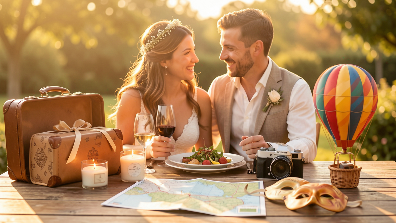 Un couple de jeunes mariés découvre sept cadeaux représentant des expériences, disposés sur une table en bois éclairée par une lumière chaleureuse.