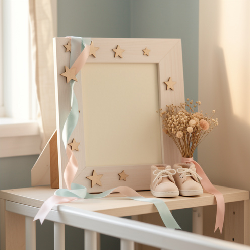 Cadre de naissance personnalisé vierge, décoré d’étoiles en bois, de rubans pastel et de petits chaussons de bébé dans une chambre douce et lumineuse.