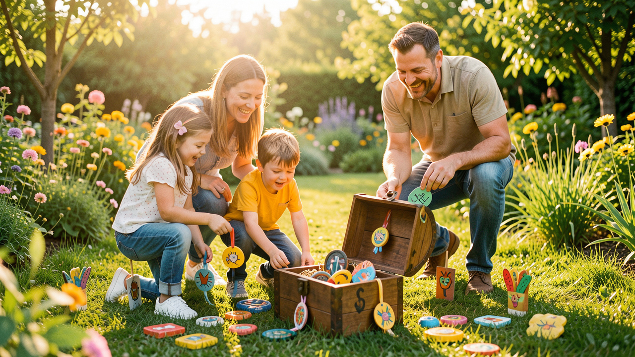 Une famille composée d’une mère, d’un père, d’une fille et d’un garçon suit des indices colorés dans un jardin ensoleillé jusqu’à un petit coffre au trésor.