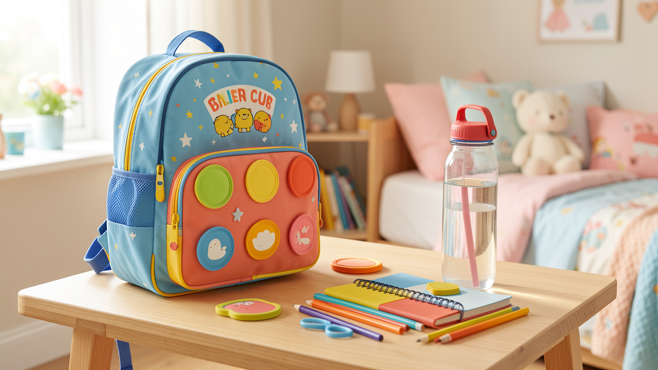 Sac à dos coloré pour enfant présenté avec des accessoires personnalisables et des fournitures scolaires.