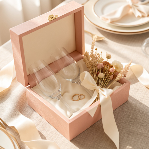 Coffret de mariage personnalisé ouvert, décoré de rubans ivoire, de fleurs séchées, de verres élégants et d’alliances.