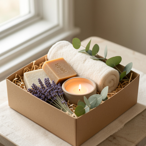 Coffret de bain élégant composé de savons, serviettes roulées, bougie, lavande séchée et feuilles d’eucalyptus dans une ambiance douce et apaisante.