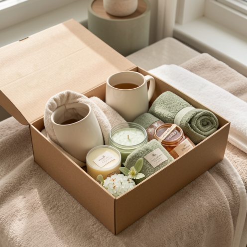 Coffret cadeau bien-être ouvert avec deux tasses, des peignoirs doux, des bougies parfumées, des sels de bain, du thé et des serviettes dans une ambiance apaisante.