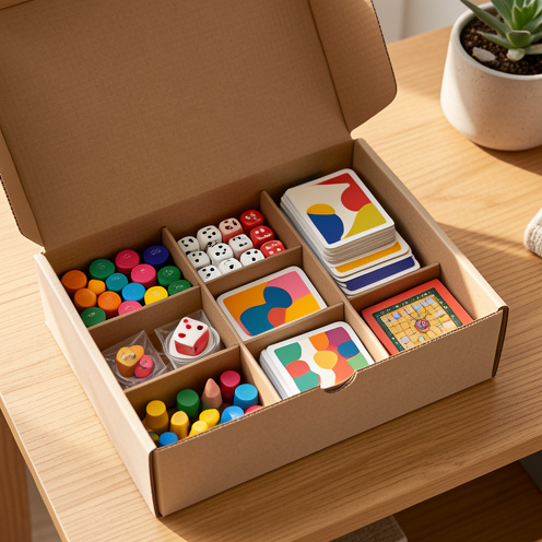 Coffret ouvert contenant plusieurs éléments de jeux de société colorés, soigneusement organisés sur une table.