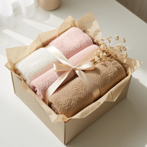 Coffret cadeau élégant contenant des serviettes de bain moelleuses dans des tons ivoire, rose poudré et beige, décoré d’un ruban satiné et de fleurs séchées.