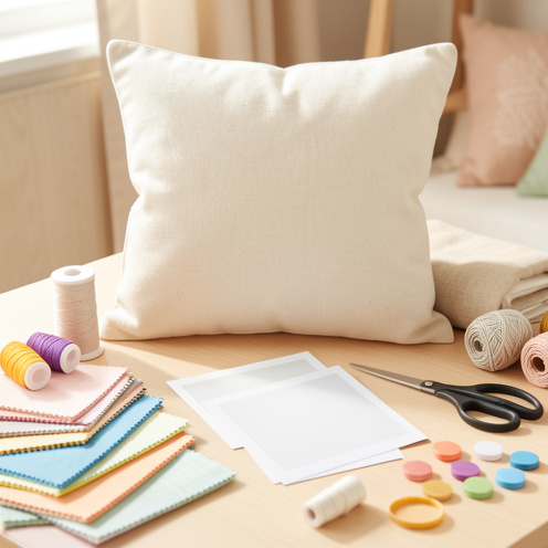 Coussin beige entouré d’échantillons de tissu, de fils colorés, de photos vierges et de matériel créatif dans un atelier lumineux.