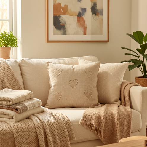 Coussin décoratif personnalisé aux motifs de cœurs, posé sur un canapé clair dans un intérieur familial chaleureux.