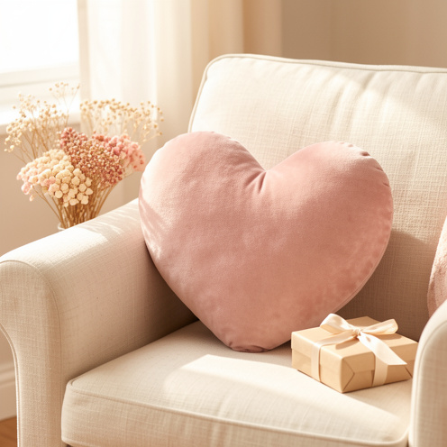Coussin décoratif en forme de cœur, en velours rose poudré, posé sur un fauteuil en lin près de fleurs séchées et d’un petit cadeau emballé.