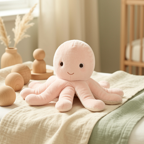 Doudou poulpe pastel posé sur une couverture en coton dans une chambre de bébé, avec des détails cousus et des yeux brodés pour illustrer un choix doux et sécurisé.