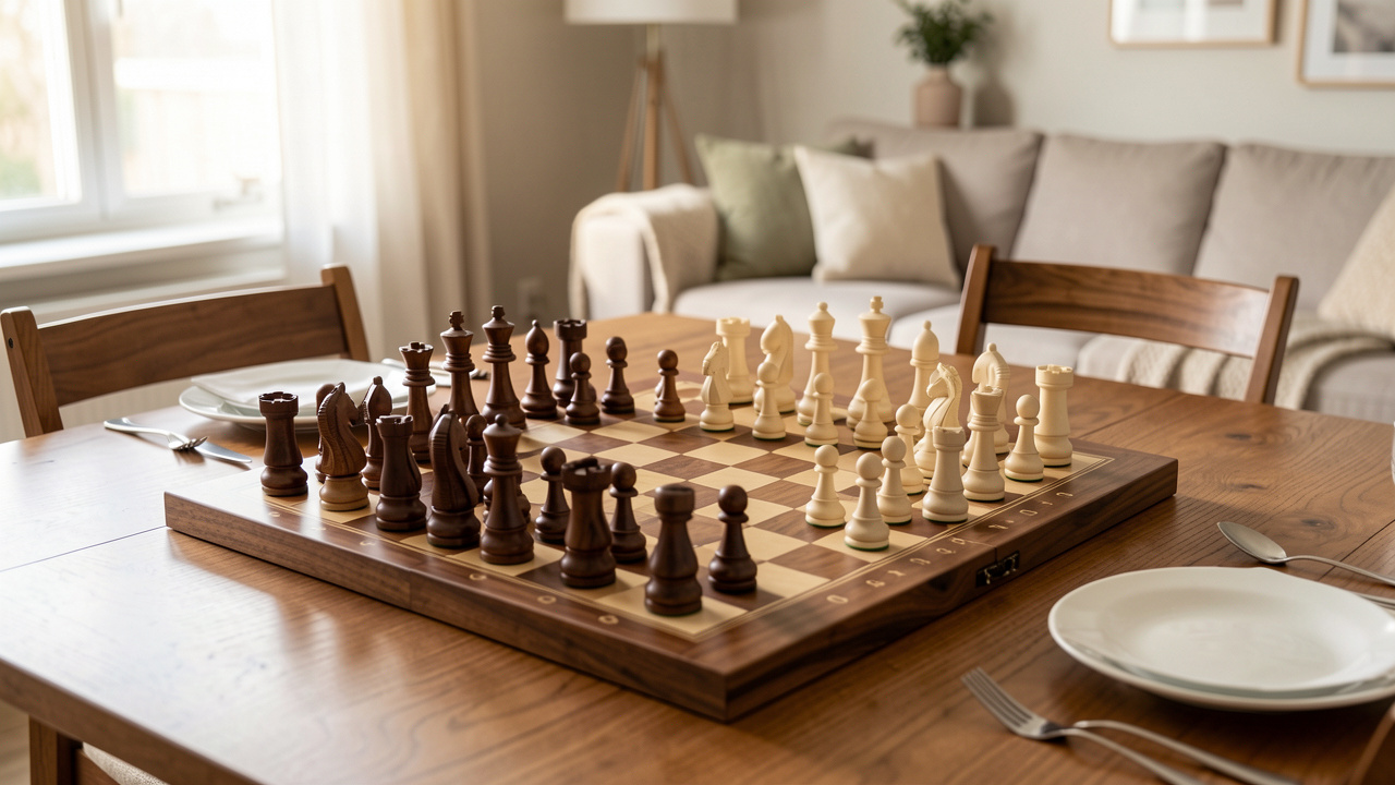 Un élégant échiquier en bois avec ses pièces disposées sur une table familiale dans un intérieur chaleureux.