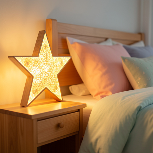 Étoile lumineuse décorative posée sur une table de chevet dans une chambre chaleureuse.