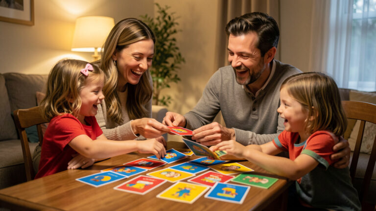 Une mère, un père et deux enfants jouent ensemble à un jeu de cartes coloré autour d’une table, dans une ambiance chaleureuse et joyeuse.