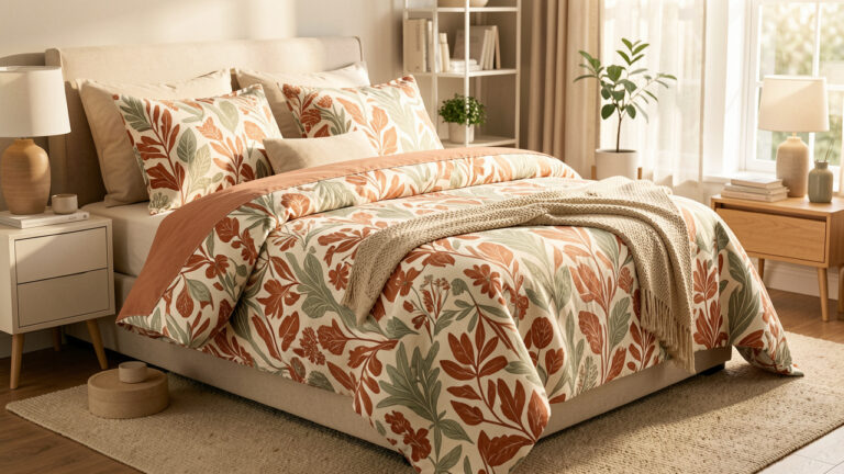 Chambre chaleureuse avec un lit habillé d’une housse de couette personnalisée aux motifs botaniques dans des tons terracotta, crème et vert sauge.