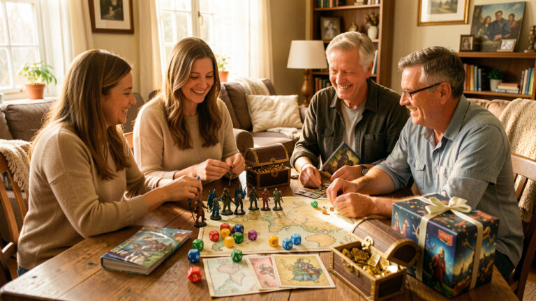 Une famille réunie autour d’une table prépare une aventure de jeu de rôle fantastique avec des dés, des figurines, des cartes sans inscriptions et des cadeaux thématiques.
