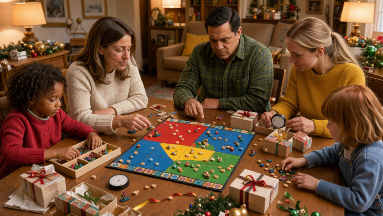 Jeu de stratégie de société entouré de pions, de plateaux de rangement, de minuteurs et de cadeaux, avec une famille réunie autour d’une table pour préparer un défi convivial.