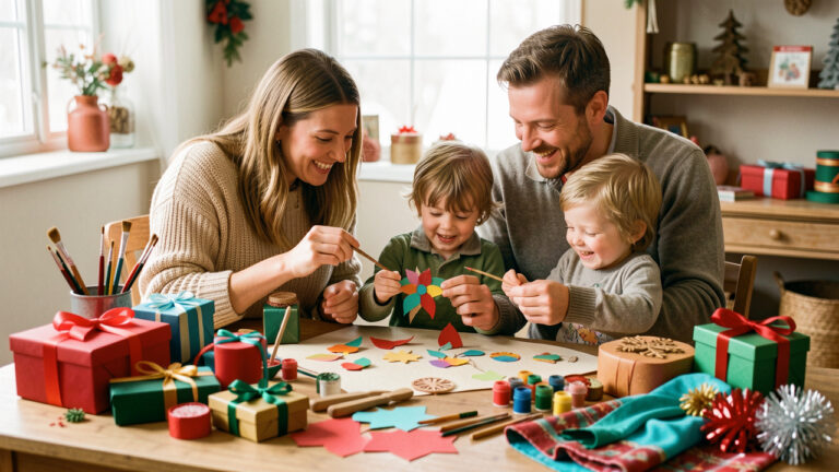 Une famille composée d’une femme, d’un homme et de deux enfants réalise des décorations colorées entourée de cadeaux et d’accessoires de loisirs créatifs dans un atelier chaleureux.
