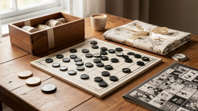 Jeu de stratégie noir et blanc installé sur une table en bois, accompagné d’une boîte de rangement, d’une pochette en tissu et d’un tapis de jeu.