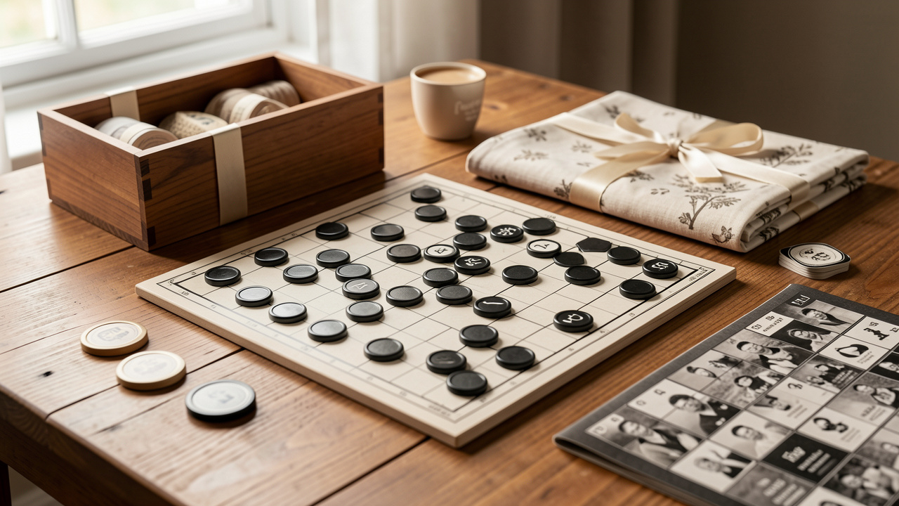 Jeu de stratégie noir et blanc installé sur une table en bois, accompagné d’une boîte de rangement, d’une pochette en tissu et d’un tapis de jeu.