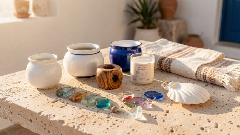 Composition de sept idées de cadeaux inspirés des îles grecques, avec des objets en céramique blanche et bleue, du bois d’olivier, des bougies, des textiles tissés et des décorations évoquant la mer.