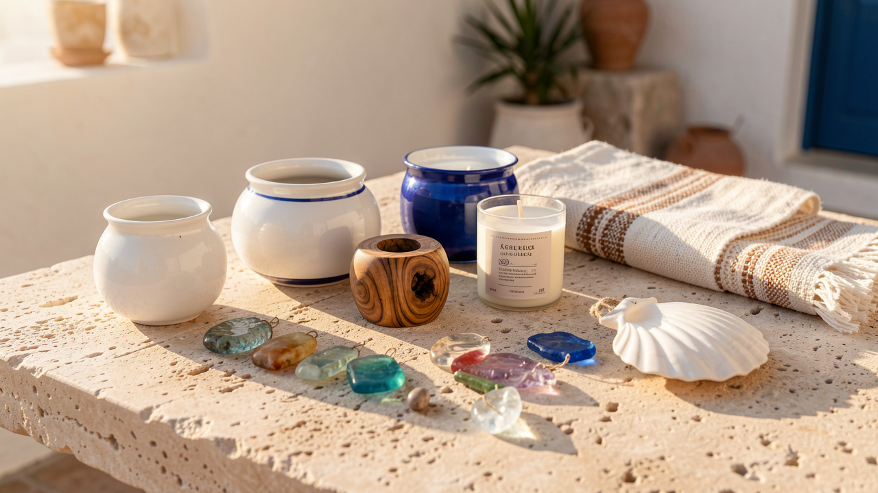 Composition de sept idées de cadeaux inspirés des îles grecques, avec des objets en céramique blanche et bleue, du bois d’olivier, des bougies, des textiles tissés et des décorations évoquant la mer.