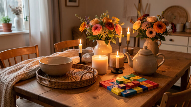 Sélection chaleureuse de cadeaux pour la maison disposés sur une table en bois, avec un plat en céramique, un plateau tressé, une couverture douce, une bougie, une théière et des éléments de jeu de société.