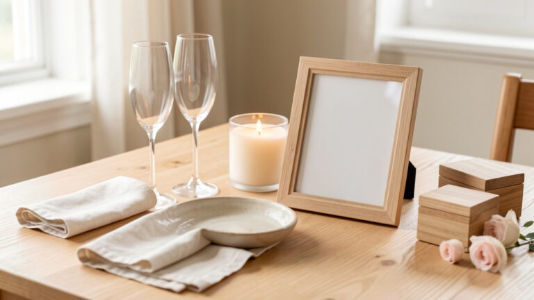 Collection élégante de cadeaux de mariage personnalisés disposés sur une table en bois clair, avec vaisselle en céramique, flûtes à champagne, linge raffiné, bougie et boîte à souvenirs.