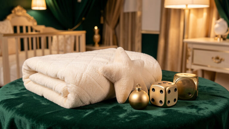 Composition élégante de cadeaux de naissance aux couleurs vert émeraude et or, inspirée de l’ambiance raffinée de Las Vegas.