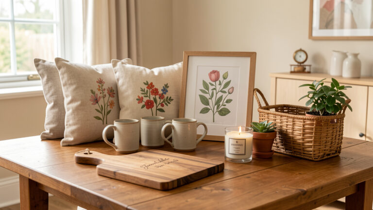 Sélection élégante de cadeaux personnalisés pour une pendaison de crémaillère, disposés sur une table en bois dans un intérieur chaleureux.