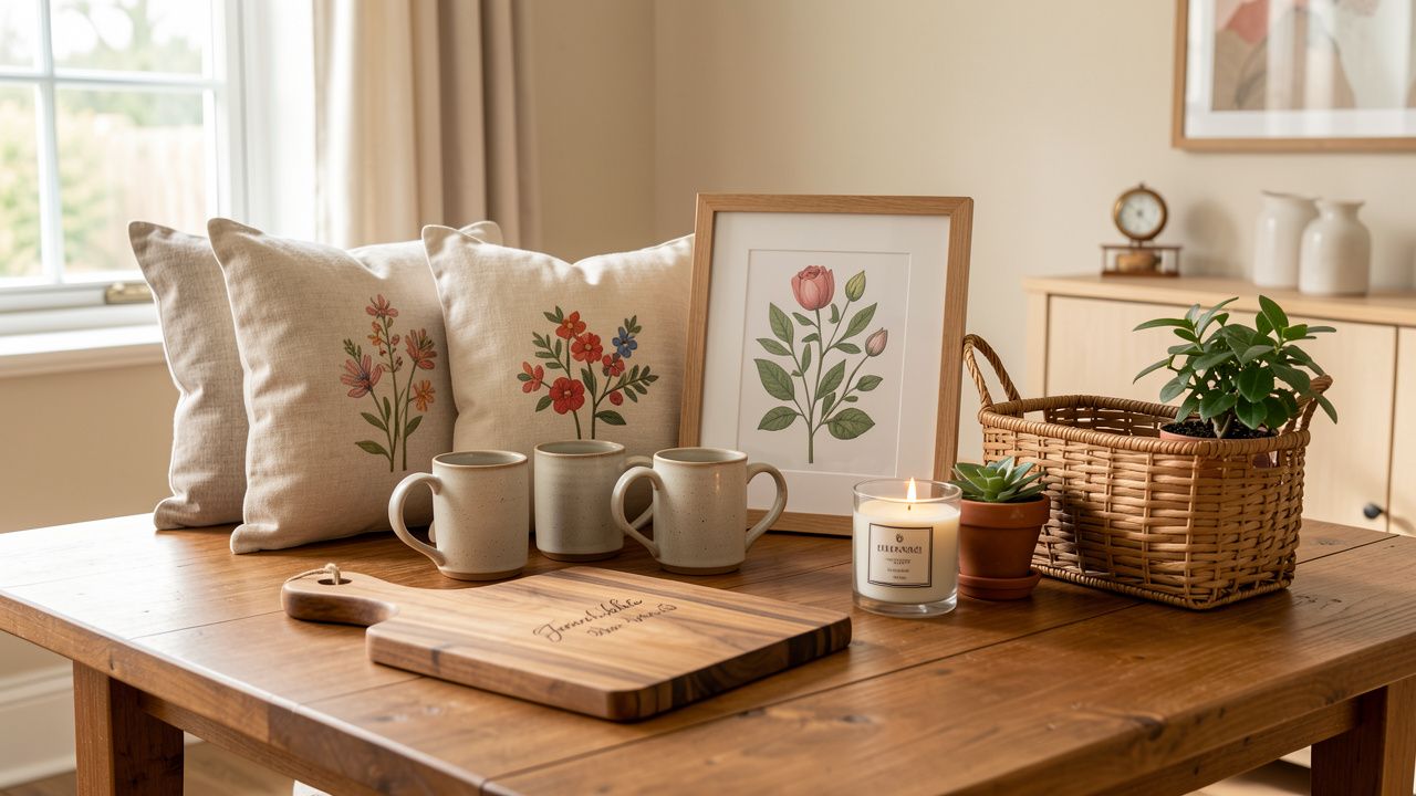 Sélection élégante de cadeaux personnalisés pour une pendaison de crémaillère, disposés sur une table en bois dans un intérieur chaleureux.
