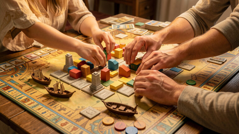 Jeu de construction stratégique inspiré de l’Égypte ancienne, avec des pièces colorées et des éléments de monument disposés sur une table lors d’une partie familiale.