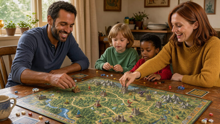 Une famille réunie autour d’un jeu de stratégie fantastique, avec une carte colorée, des châteaux, des forêts, des montagnes et des créatures imaginaires.