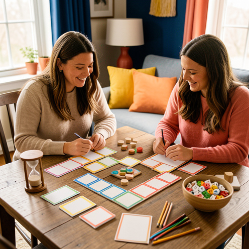 Deux femmes jouent ensemble à un jeu de société autour d’une table colorée avec des cartes vierges, des crayons, des pions et un sablier.