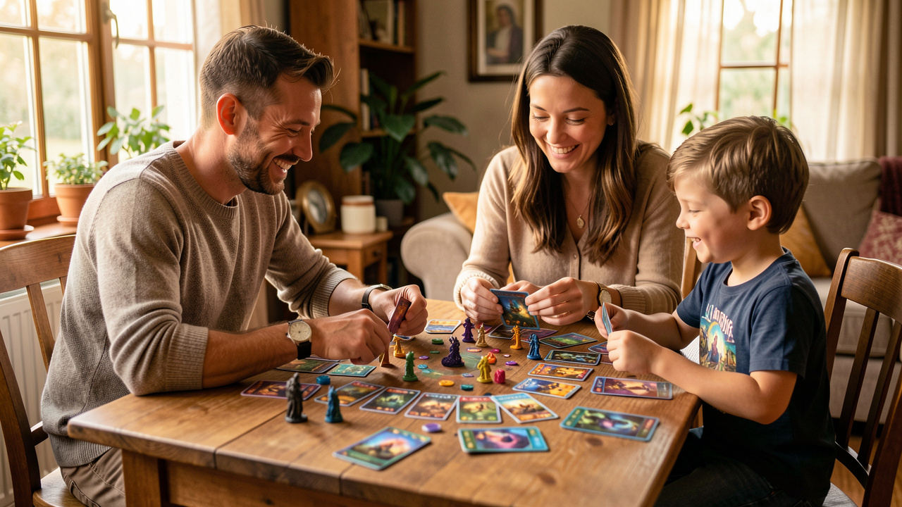 Une famille réunie autour d’une table partage un jeu de cartes fantastique coloré dans une ambiance chaleureuse.