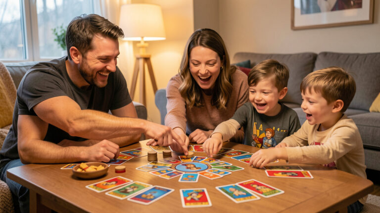 Une table chaleureuse avec un jeu de cartes coloré, des jetons en bois et des collations, entourée d’une famille et d’amis qui se divertissent ensemble.