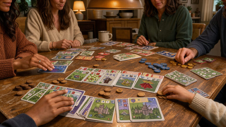 Jeu de cartes stratégique installé sur une table en bois, avec des cartes illustrées, des pions et des mains de membres d’une famille en pleine réflexion.