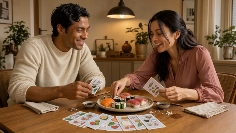 Un jeune couple de mariés partage des sushis et joue à un jeu de cartes gourmand autour d’une table chaleureuse.