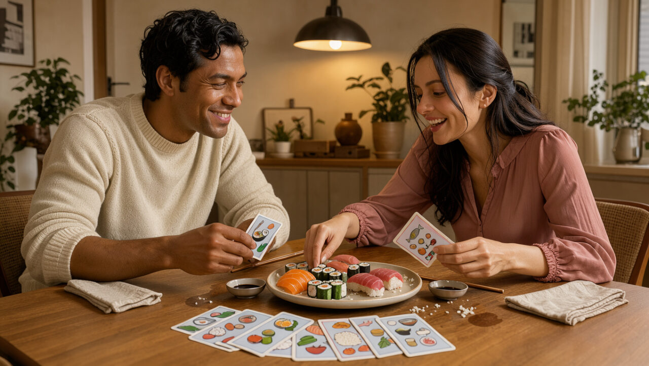 Un jeune couple de mariés partage des sushis et joue à un jeu de cartes gourmand autour d’une table chaleureuse.