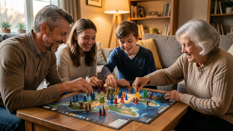 Une famille de plusieurs générations joue ensemble à un jeu de stratégie de conquête autour d’une table, dans une ambiance chaleureuse.