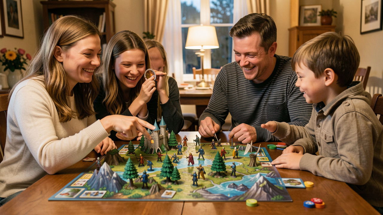 Une famille réunie autour d’un jeu de plateau fantastique, collaborant avec enthousiasme dans un univers composé de forêts, châteaux, montagnes et figurines d’aventure.