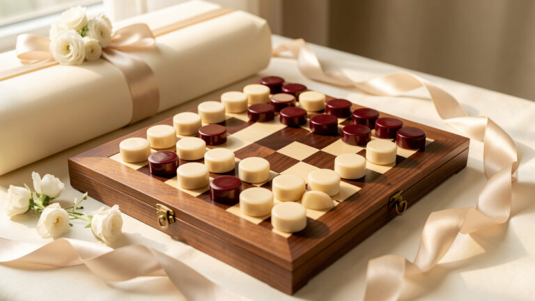 Jeu de dames élégant en bois présenté comme cadeau de mariage, accompagné de fleurs blanches et de rubans couleur champagne.