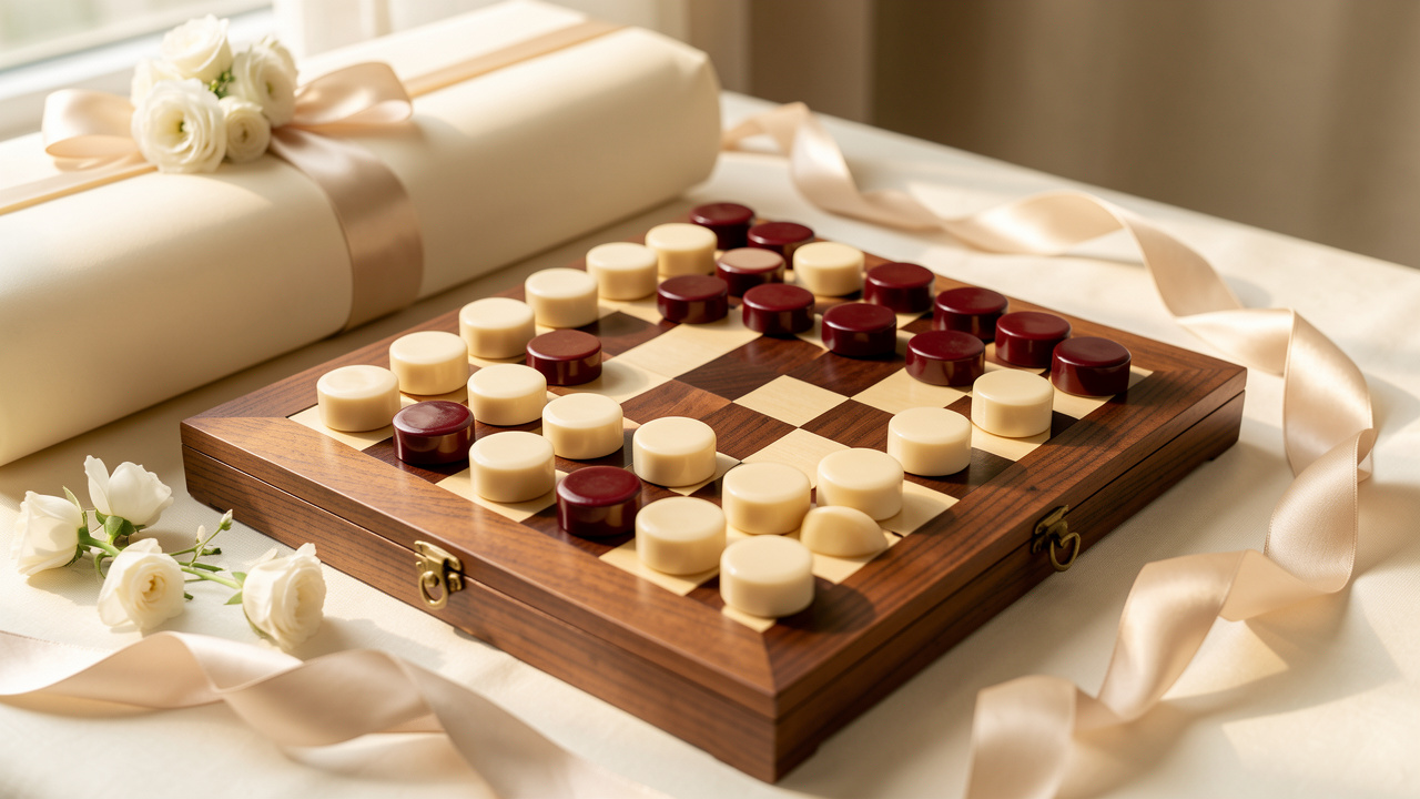 Jeu de dames élégant en bois présenté comme cadeau de mariage, accompagné de fleurs blanches et de rubans couleur champagne.