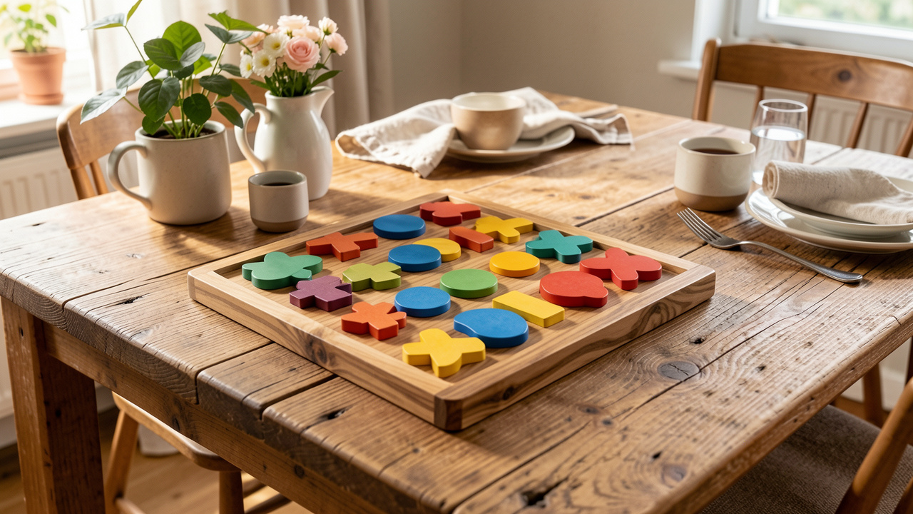 Jeu de stratégie en bois fait main avec des pièces colorées, présenté sur une table familiale dans un intérieur chaleureux.
