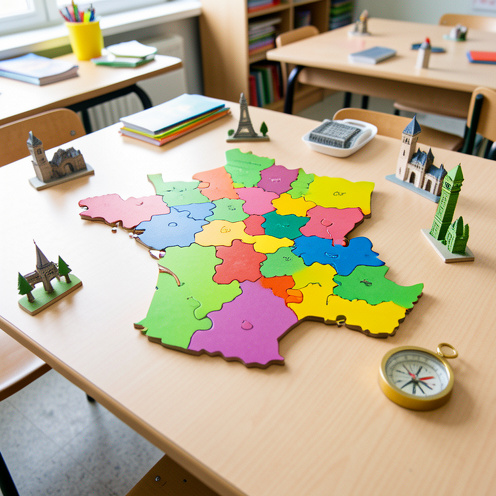 Puzzle en bois représentant une carte colorée et non annotée de la France, entouré d'une boussole et de petites maquettes de monuments sur une table lumineuse.
